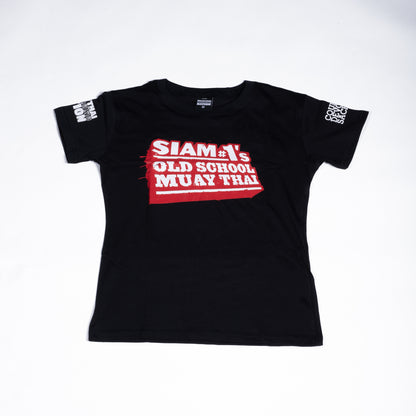 Muay Thai Nation women's slim cut black t-shirt featuring a bold red and white Siam's Old School graphic