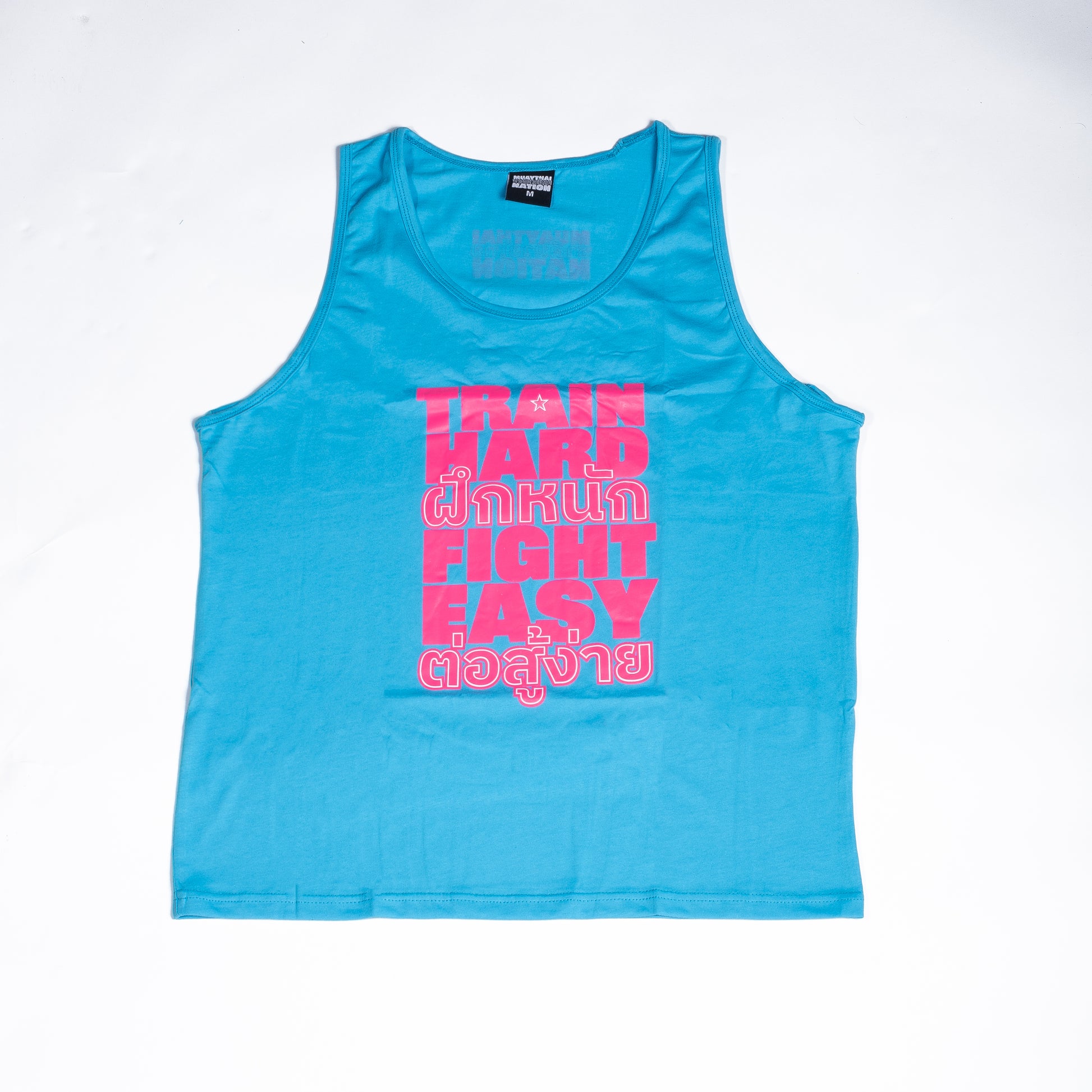 Muay Thai Nation bright teal blue straight cut cotton tank top with a vibrant pink text block print