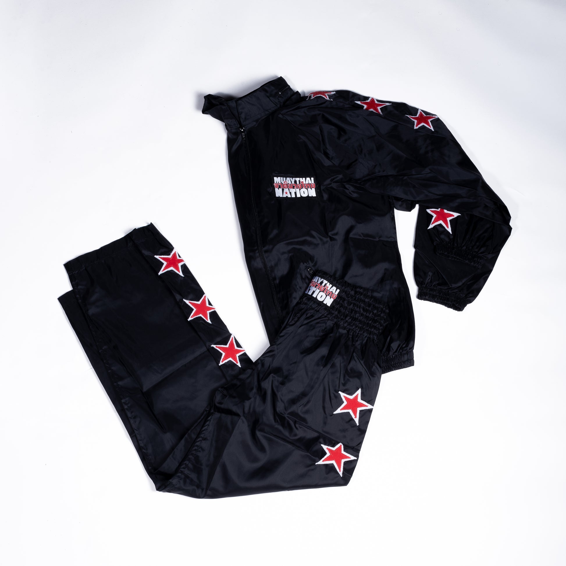 Muay Thai Nation tracksuit jacket and pants black with red stitching