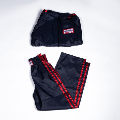Muay Thai Nation navy blue tracksuit jacket and pants set with red stitching