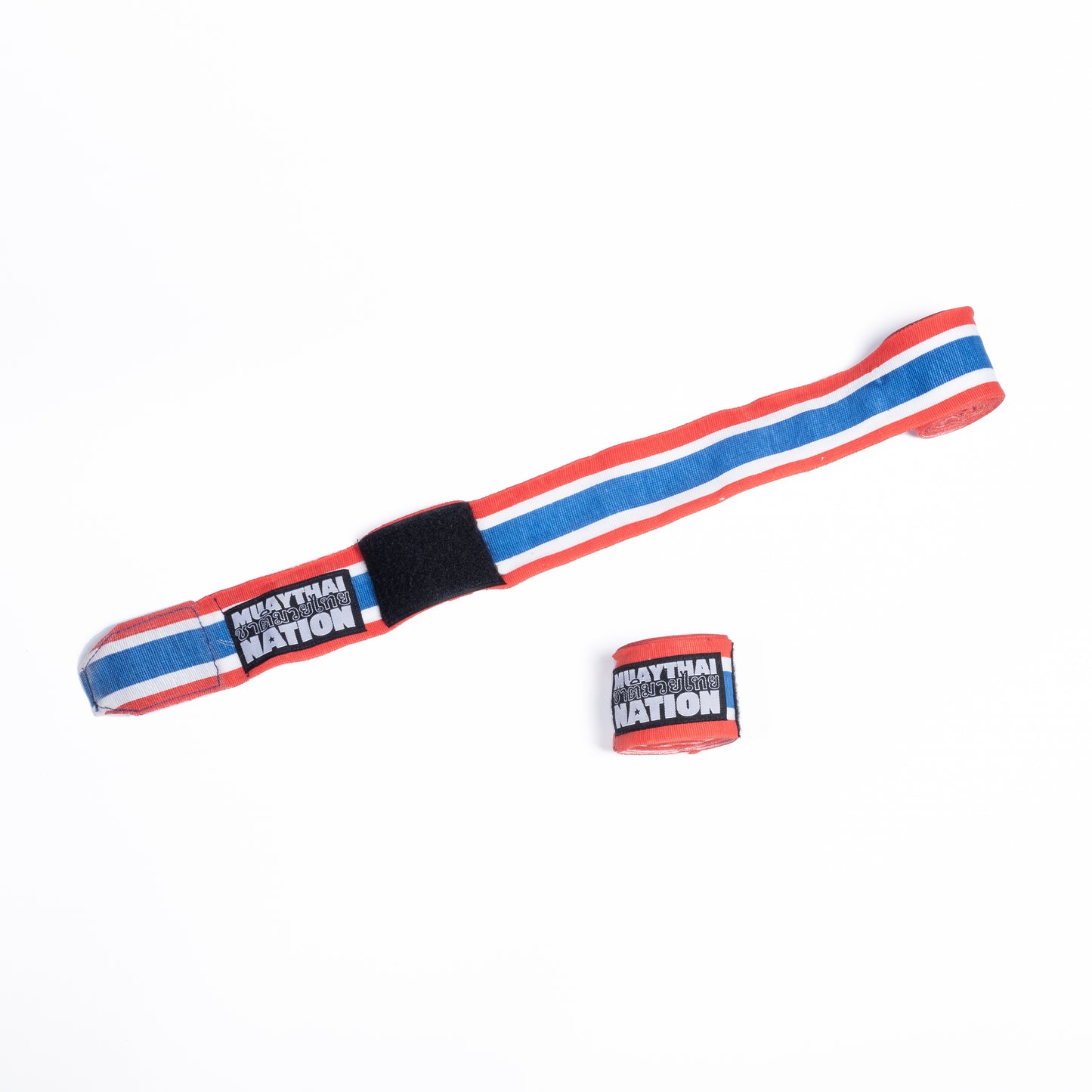 Muay Thai Nation blue, white, orange semi-elastic 4-metre hand wraps with white logo