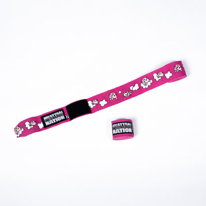 Muay Thai Nation pink semi-elastic 4-metre hand wraps with white designs
