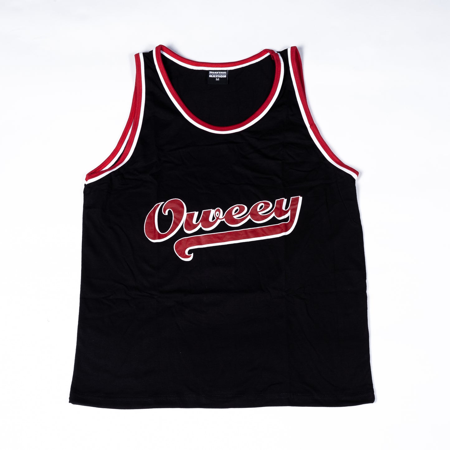 Muay Thai Nation "Oweey" standard sleeveless shirt in black with red lettering.