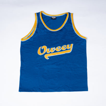 Muay Thai Nation "Oweey" standard combat tank top in royal blue with yellow lettering.