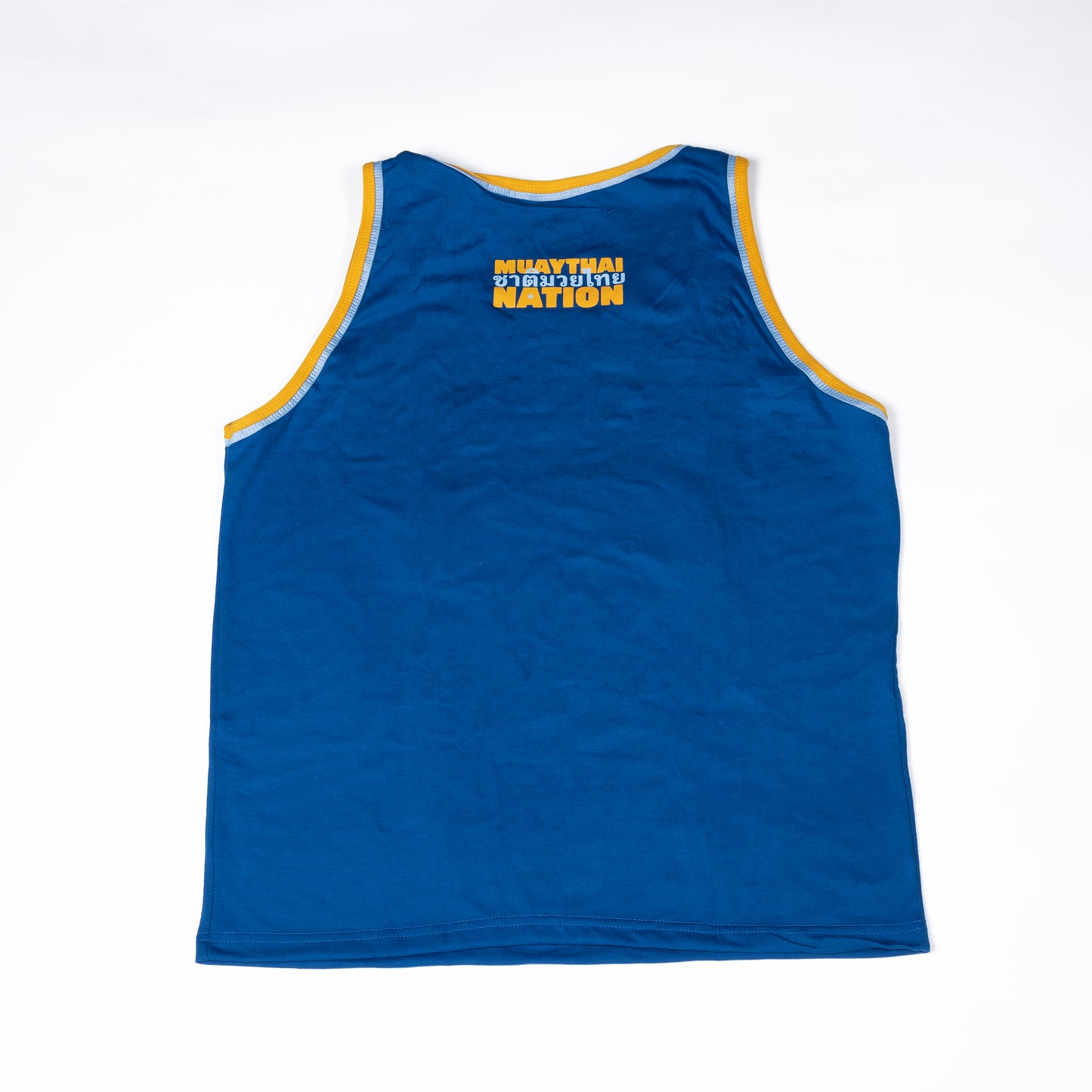 Back view of royal blue "Oweey" standard sleeveless training shirt with yellow trim.