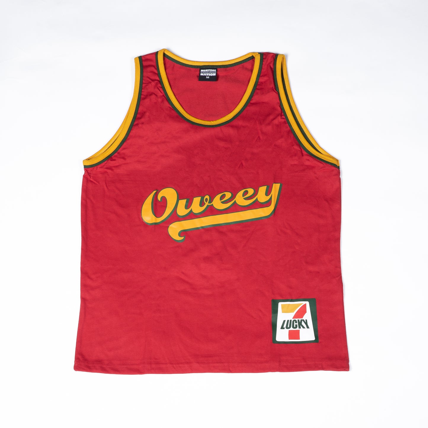 Muay Thai Nation "Oweey" standard tank top in red with yellow trim and bold front logo.