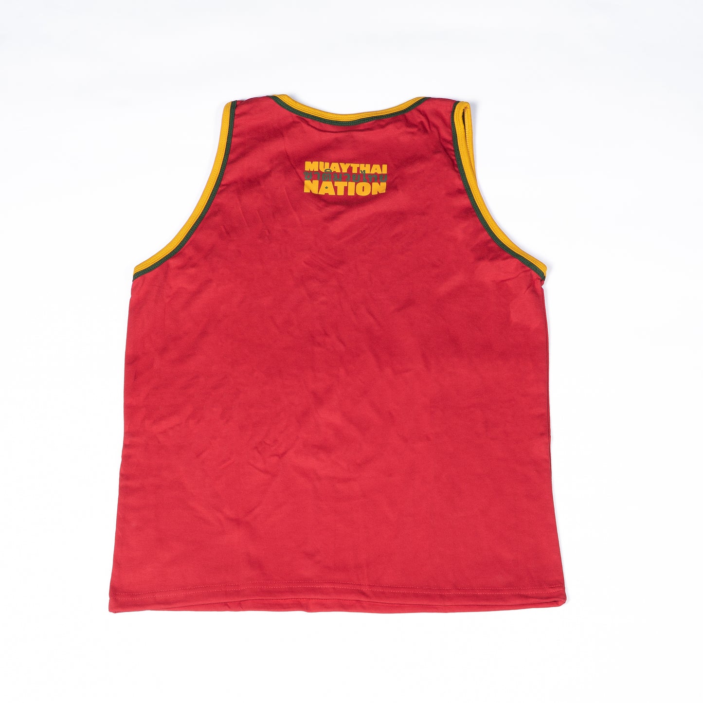 Back view of Muay Thai Nation "Oweey" standard tank top in red and yellow.