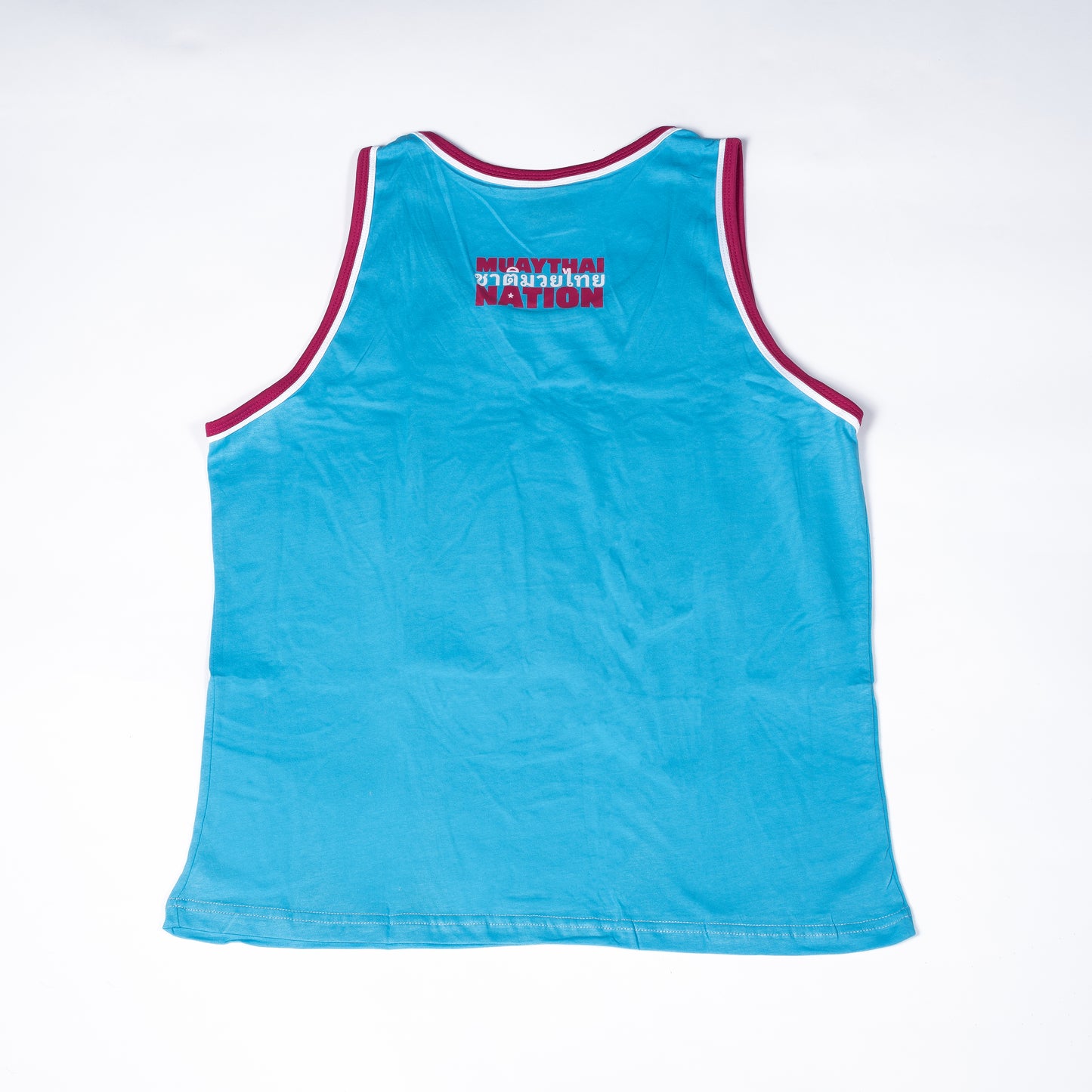 Back view of teal and pink "Oweey" standard Muay Thai training top.
