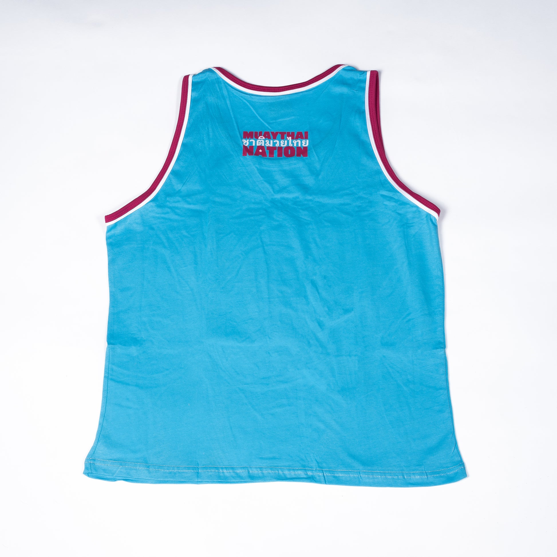 Back view of teal and pink "Oweey" standard Muay Thai training top.