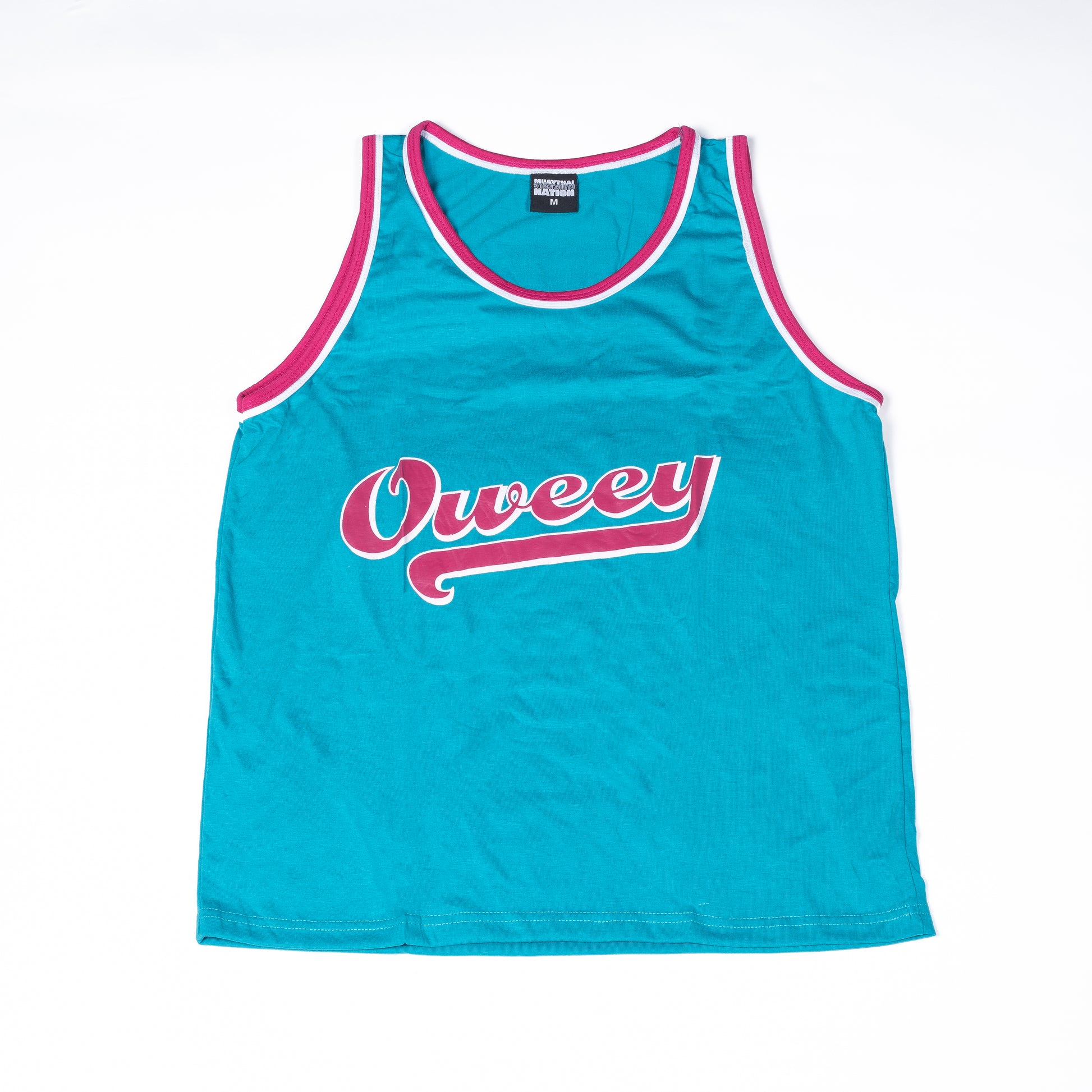 Back view of teal and pink "Oweey" standard sleeveless training top.