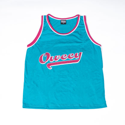Back view of teal and pink "Oweey" standard sleeveless training top.