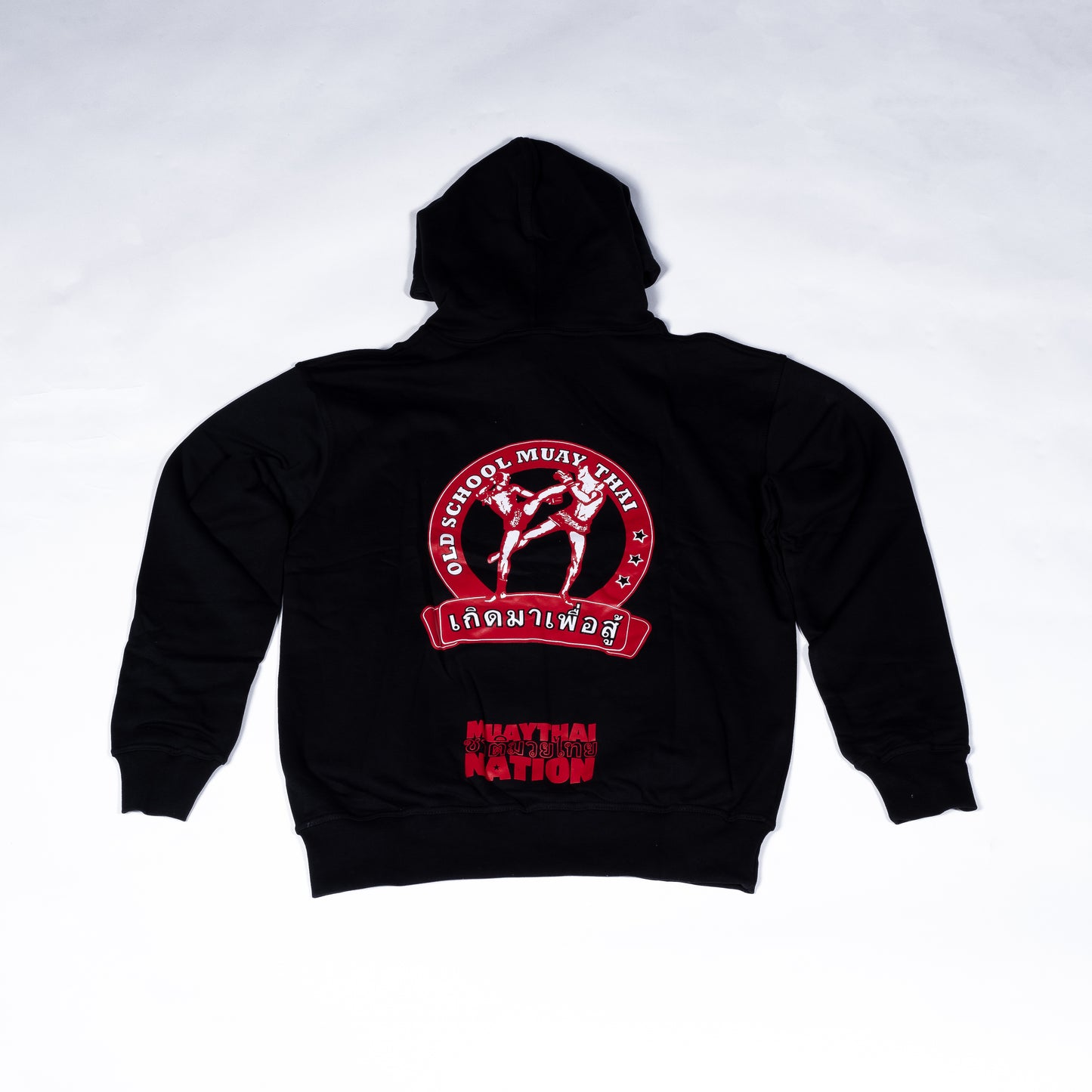 Muay Thai Nation black hoodie featuring a vintage "Old School Muay Thai" circular graphic front side