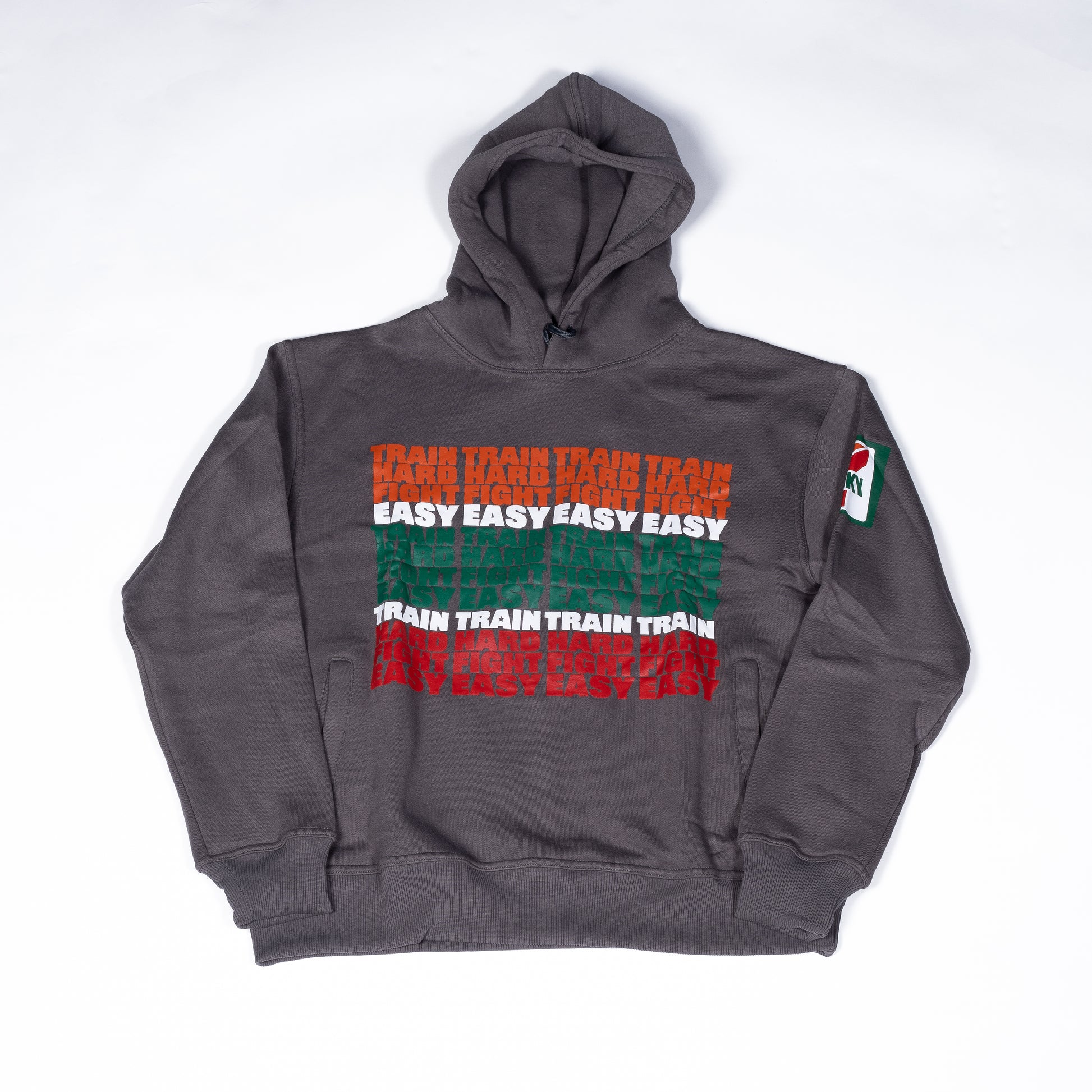 Muay Thai Nation limited edition Lucky 7 dark grey heavyweight fleece hoodie with retro stacked text chest graphic and matching sleeve patch