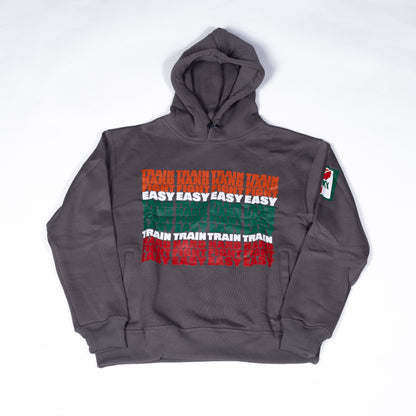 Muay Thai Nation limited edition Lucky 7 dark grey heavyweight fleece hoodie with retro stacked text chest graphic and matching sleeve patch