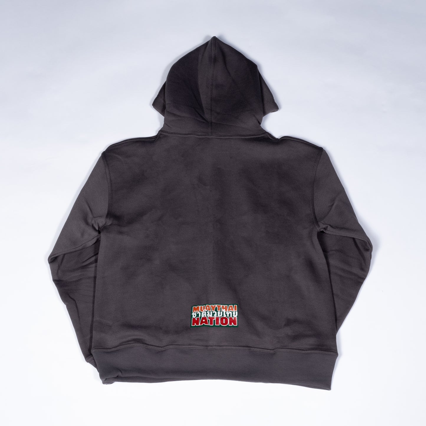 Muay Thai Nation limited edition Lucky 7 dark grey heavyweight fleece hoodie with retro stacked logo graphic back side