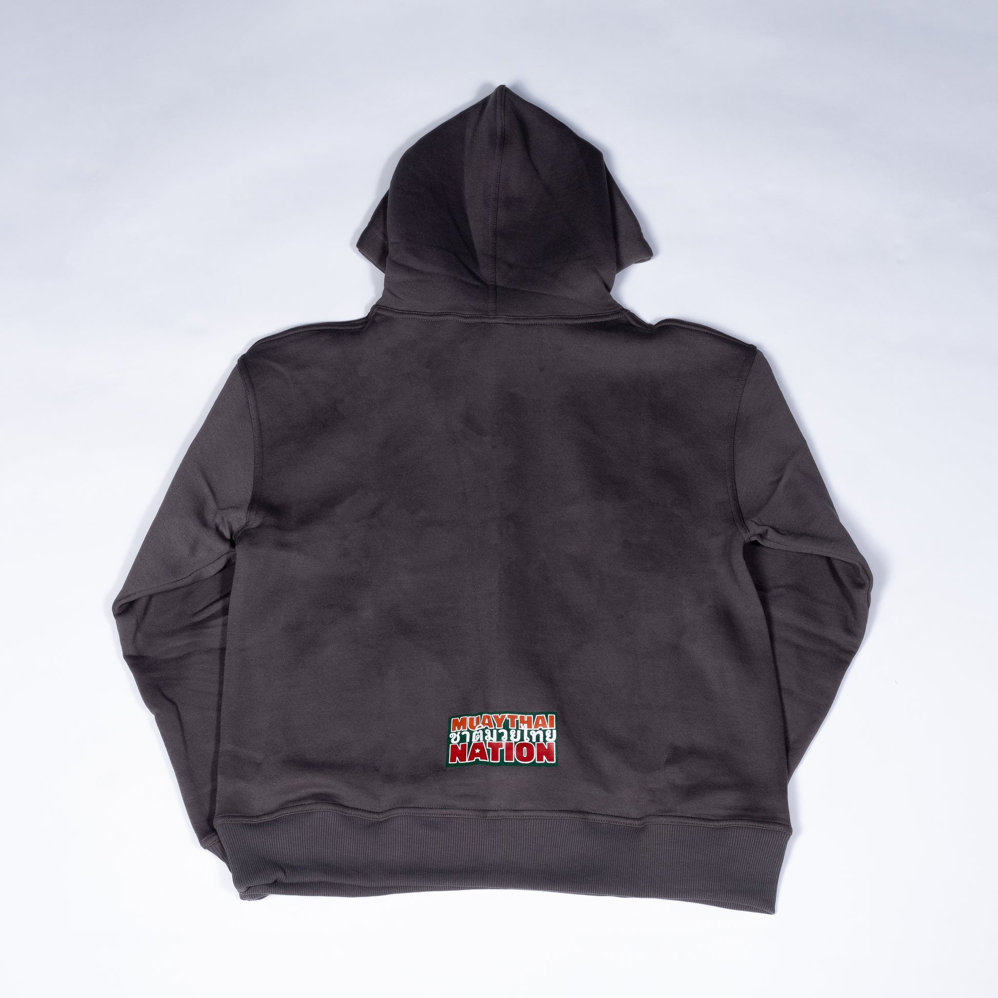 Muay Thai Nation limited edition Lucky 7 dark grey heavyweight fleece hoodie with retro stacked logo graphic back side