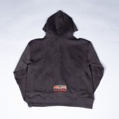 Muay Thai Nation limited edition Lucky 7 dark grey heavyweight fleece hoodie with retro stacked logo graphic back side