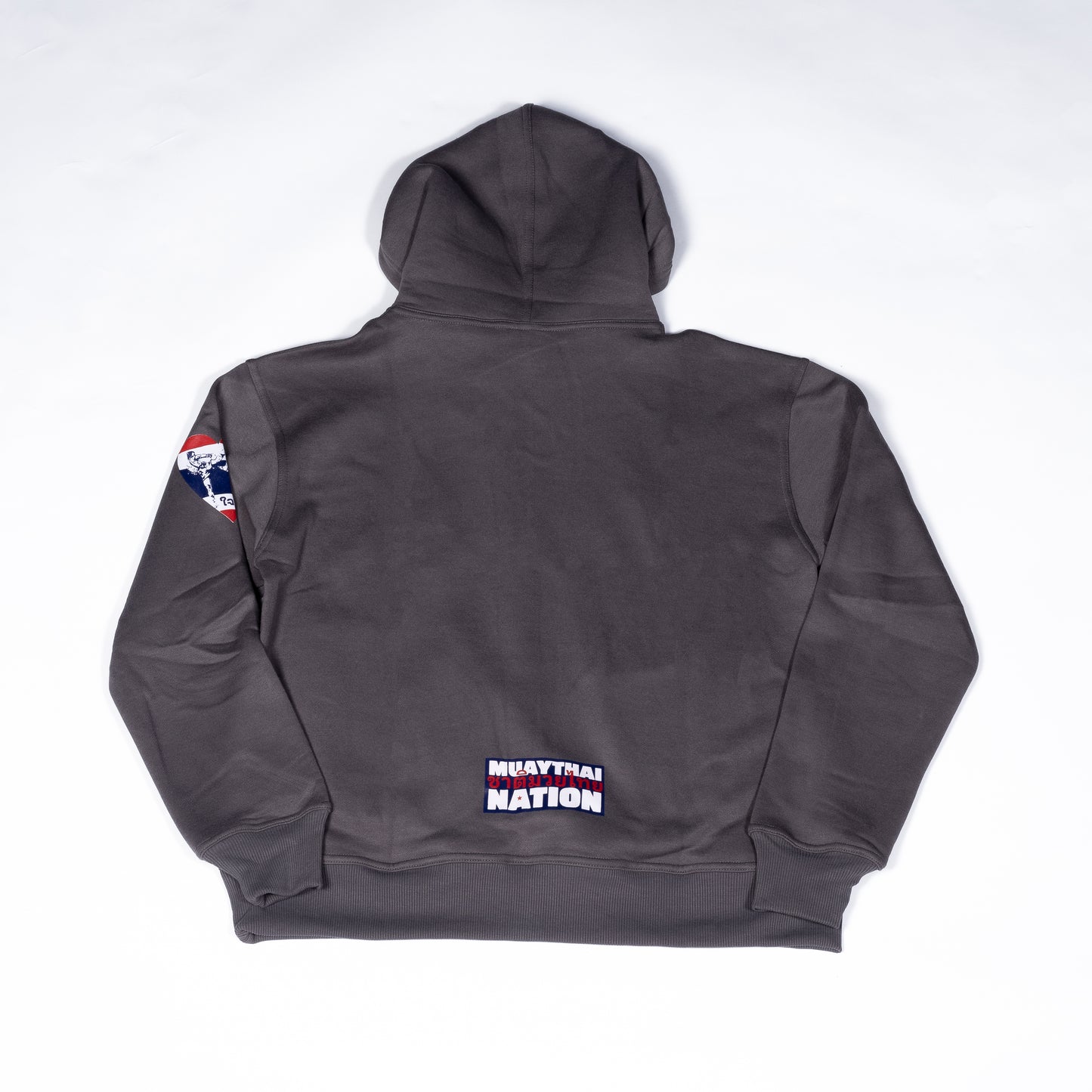 Back view of Muay Thai Nation standard dark grey hoodie with white logo